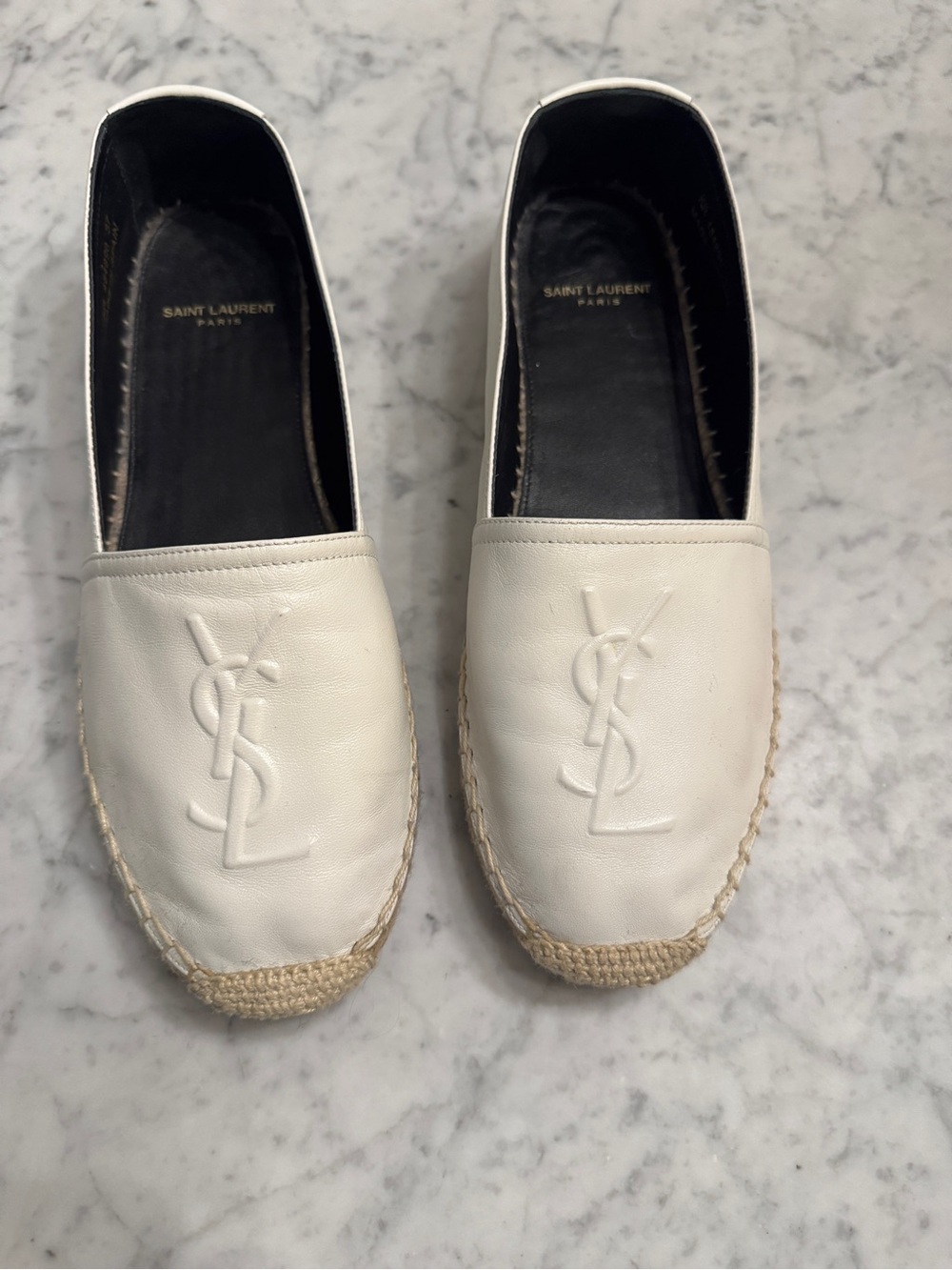 Saint Laurent Cream Leather Espadrille Slip-Ons with YSL Logo